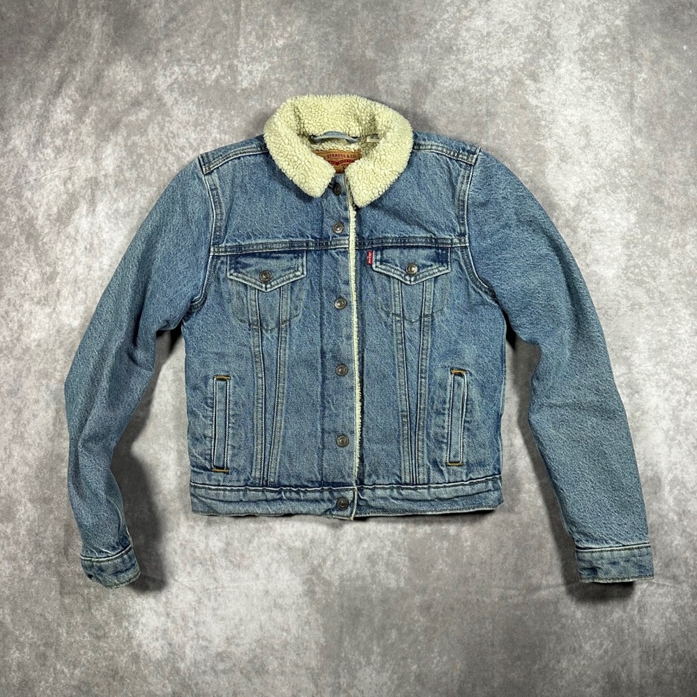 Levis Womens XS Sherpa Lined Denim Trucker Jacket Blue Fleece Collar Jean Coat